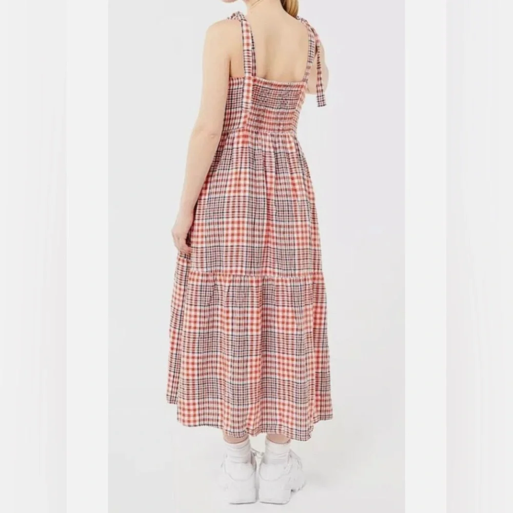 Urban Outfitters Red Plaid Gingham Midi Dress Small Linen Button Smocked Picnic - Picture 2 of 10
